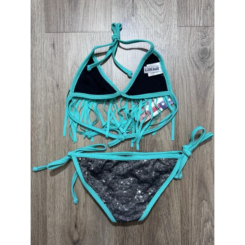 Vintage Dippin Daisys Aqua Sequin And Fringe‎ Bikini Set Kids Size 6